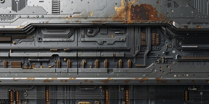 Futuristic Metal Panel with Circuitry and Rust Texture