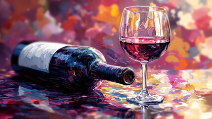 Fototapeta premium Elegant Red Wine Glass and Bottle on Colorful Background, Perfect for Celebrations, Fine Dining, and Gourmet Experiences Captured in Artistic Style