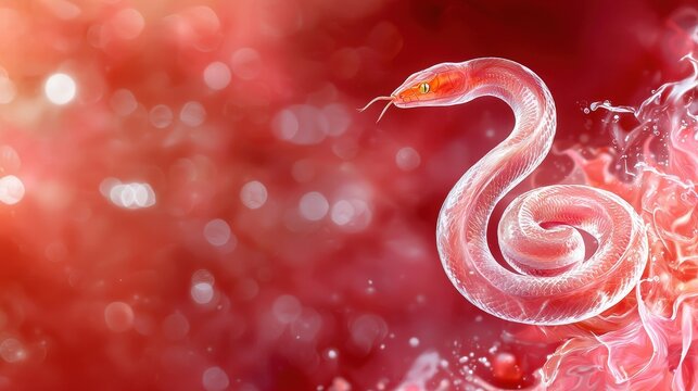 Snake forming a spiral pattern glowing softly on a crimson backdrop