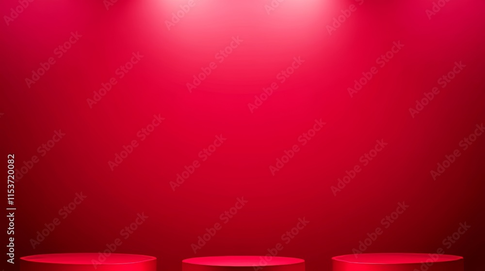 Poster a red background hosts three circular red podiums, featuring a pristine white space behind. ideal fo