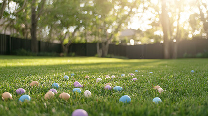 playful Easter egg hunt scene in sunny backyard filled with colorful eggs scattered on lush green grass, creating joyful and festive atmosphere