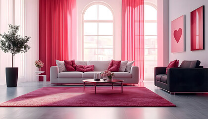 interior design of a modern living room for lovers, interior of a room for Valentine's day, living room in pink and red tones