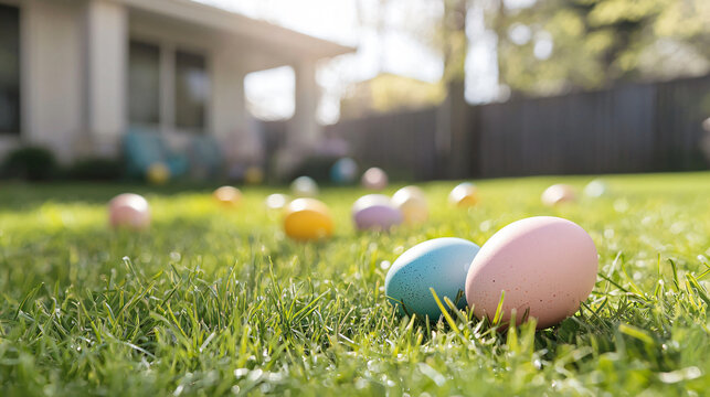 playful Easter egg hunt scene in sunny backyard with colorful eggs scattered on green grass, creating cheerful and festive atmosphere