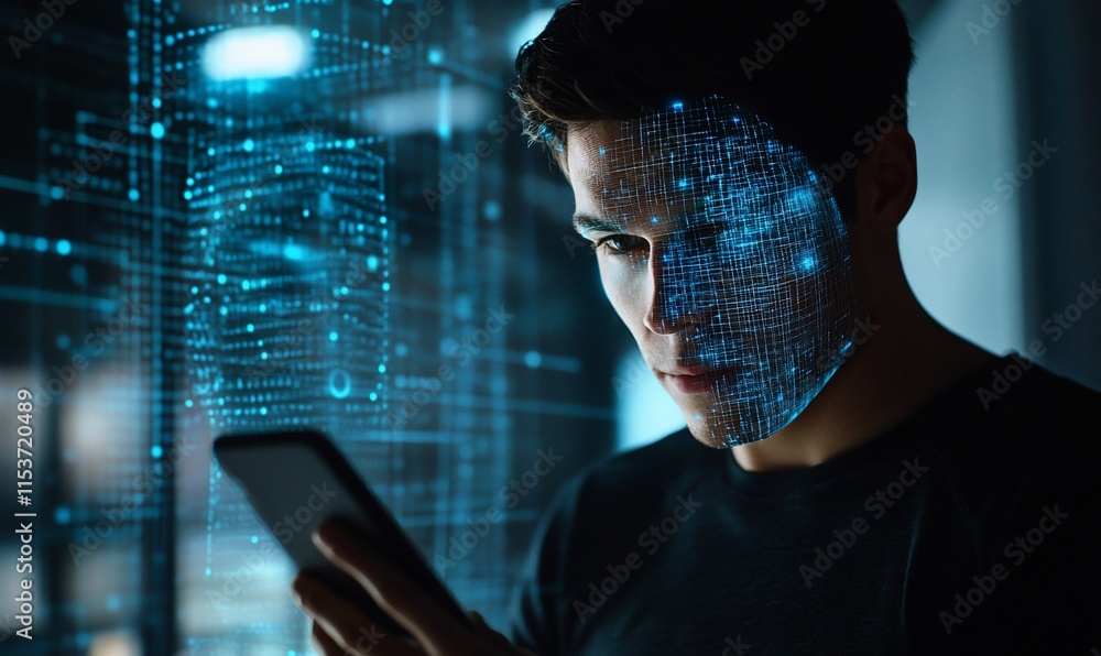 Poster a man interacts with a smartphone, his face overlaid with digital data patterns.