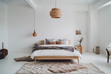 A bright, minimalist bedroom features a wooden bed, neutral linens, rattan pendant lights, and simple decor. Clean lines and a calming atmosphere are prominent.