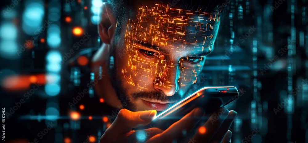 Poster a man interacts with a smartphone, illuminated by digital patterns on his face.