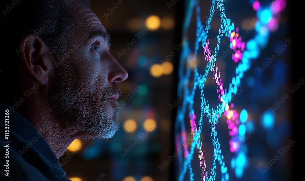 Poster a man observes a colorful digital representation of molecular structures.