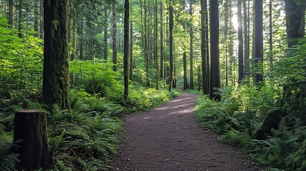 Fototapeta premium A tranquil forest with sunlight filtering through dense green trees and a serene walking trail
