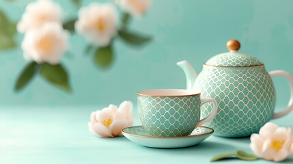 A delicate tea set with a mint green pattern is accompanied by blooming flowers, creating a serene and elegant atmosphere.