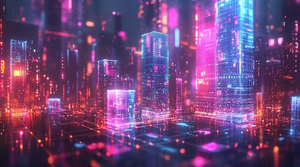 Obraz premium Glowing futuristic city with digital neon lights.