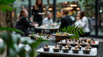 Fototapeta premium Corporate Event in Open Office Space with Delightful Desserts and Networking Colleagues