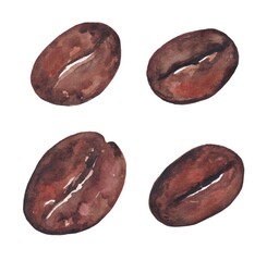 Coffee beans on a white background. Hand-drawn watercolor painting