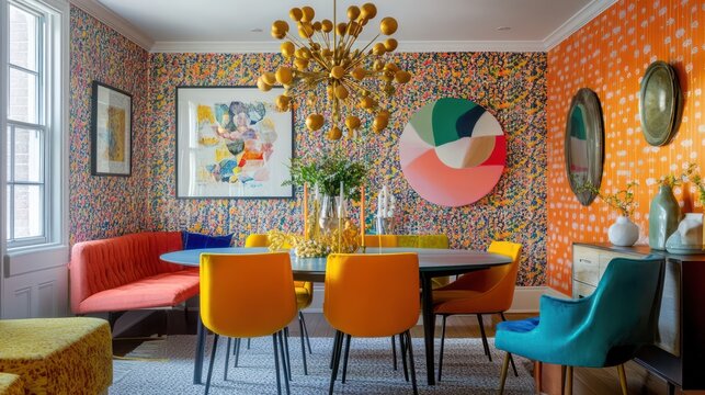 A vibrant dining room with bold wallpaper, a statement chandelier, and colorful seating arrangements