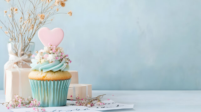 pastel colored cupcake with heart shaped topper and floral decor