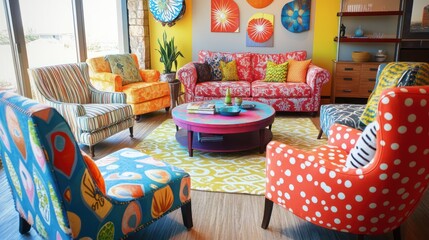 A vibrant eclectic living room with colorful furniture, mismatched patterns, and a fun, playful vibe