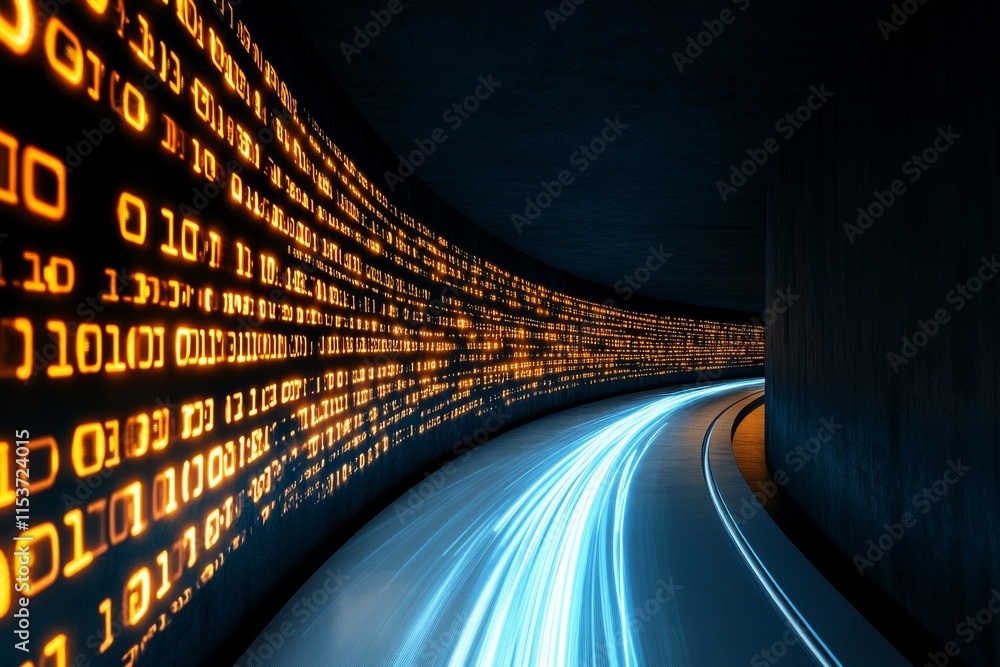 Poster A 3D futuristic scene of glowing algorithmic data flying through a developer workspace like streams of light