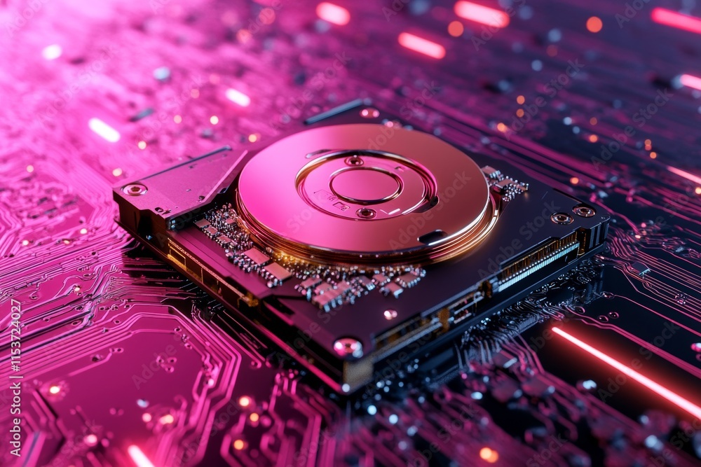 Poster a 3d-rendered hdd floating in a digital environment with abstract neon data lines swirling around it