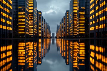 A 3D-rendered HDR image of a futuristic city with sharp buildings reflecting sunlight and vibrant glowing lights in every window at dusk