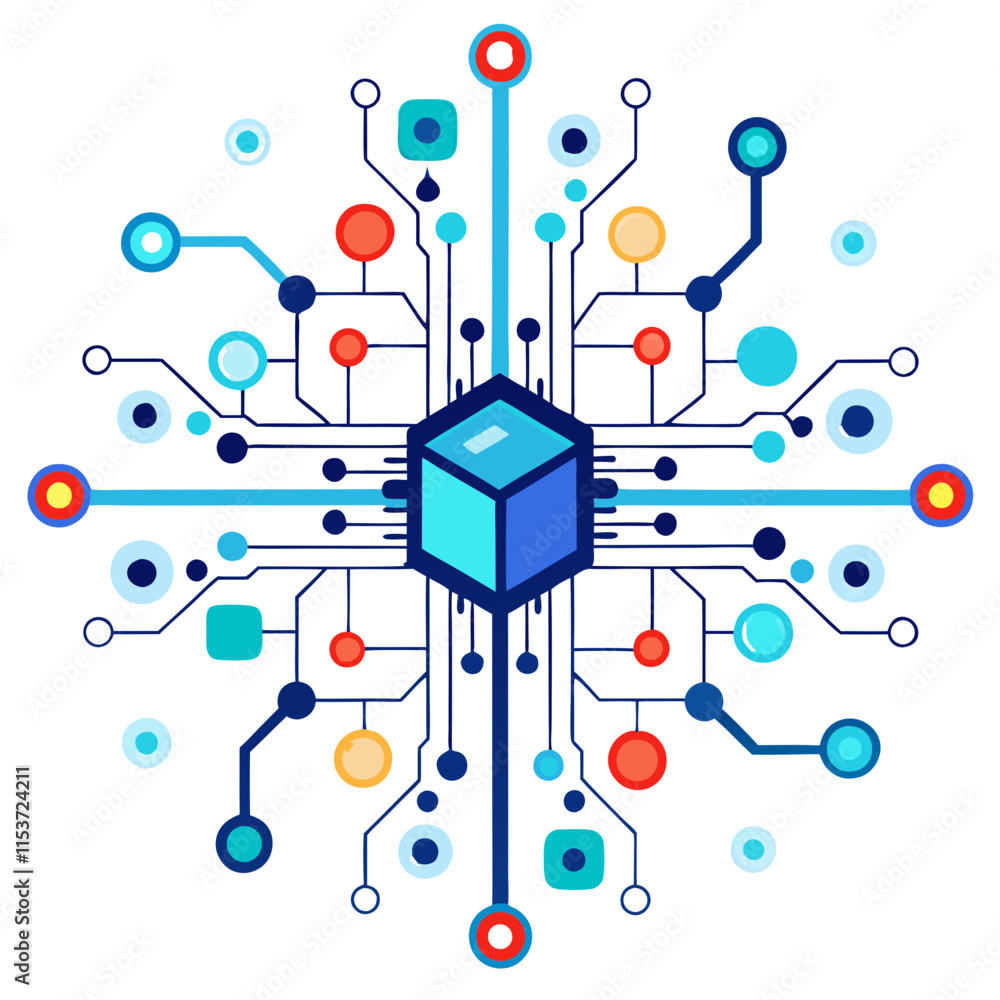 Poster glowing abstract circuits creating an intricate digital network around a central cube design