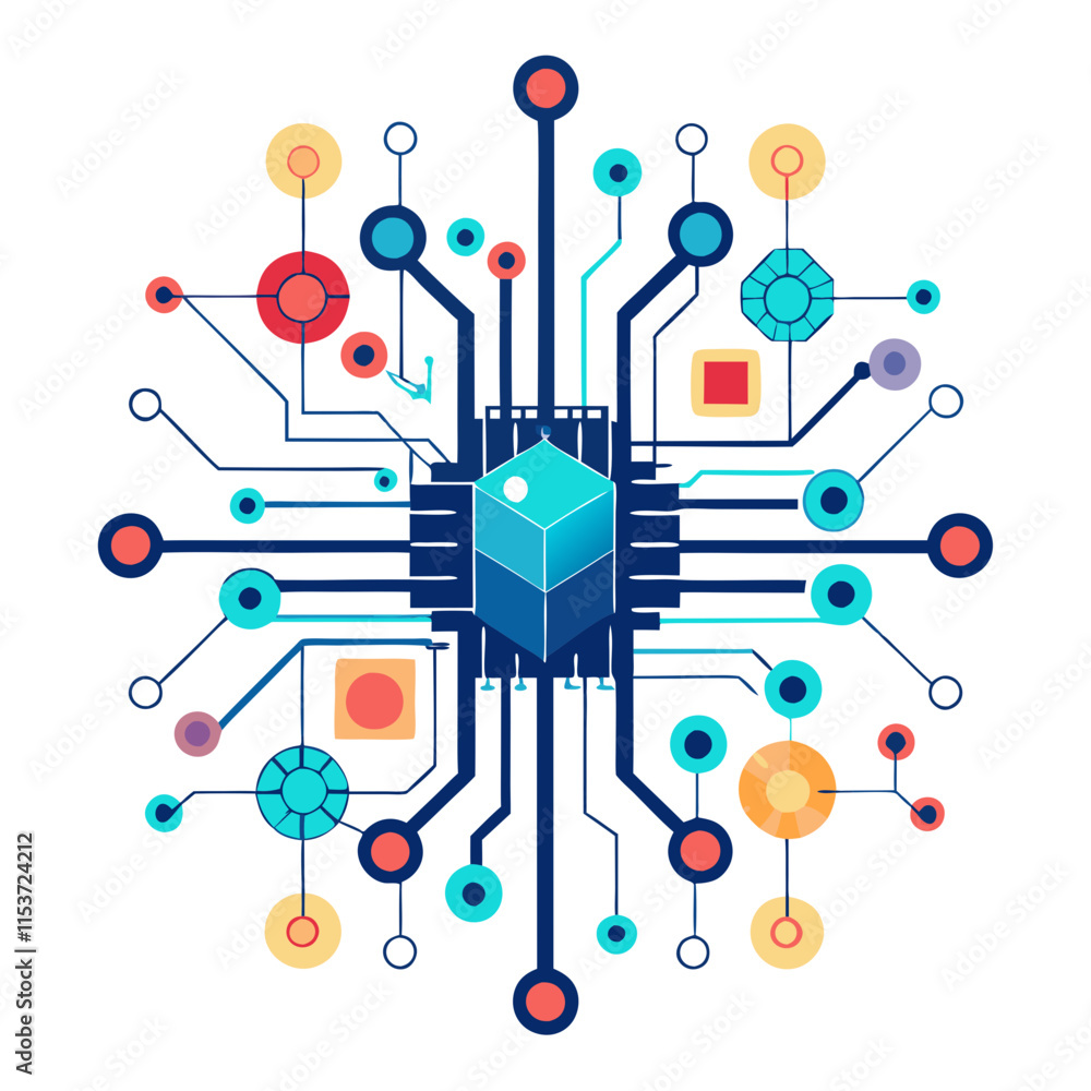 Poster abstract circuits form a glowing network, illustrating connections and data flow in a modern technol