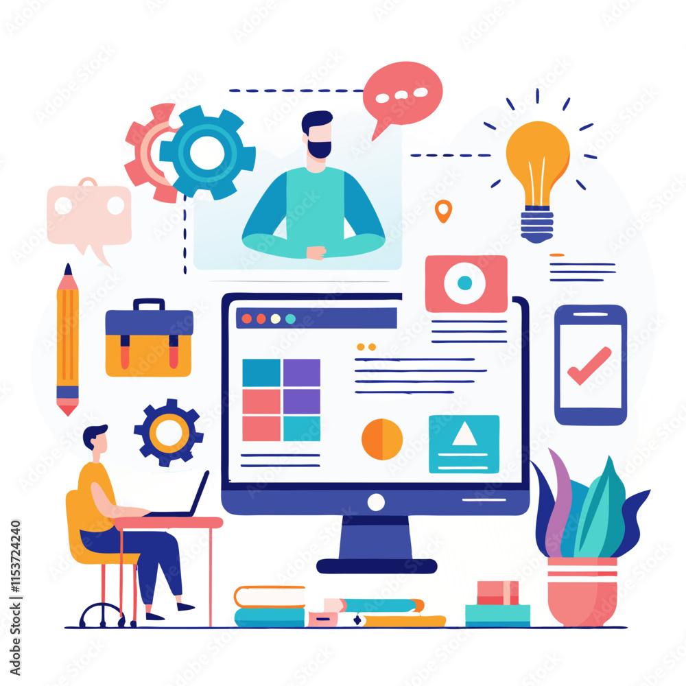 Poster collaborative workspace showcases diverse tools and screens for productivity and teamwork