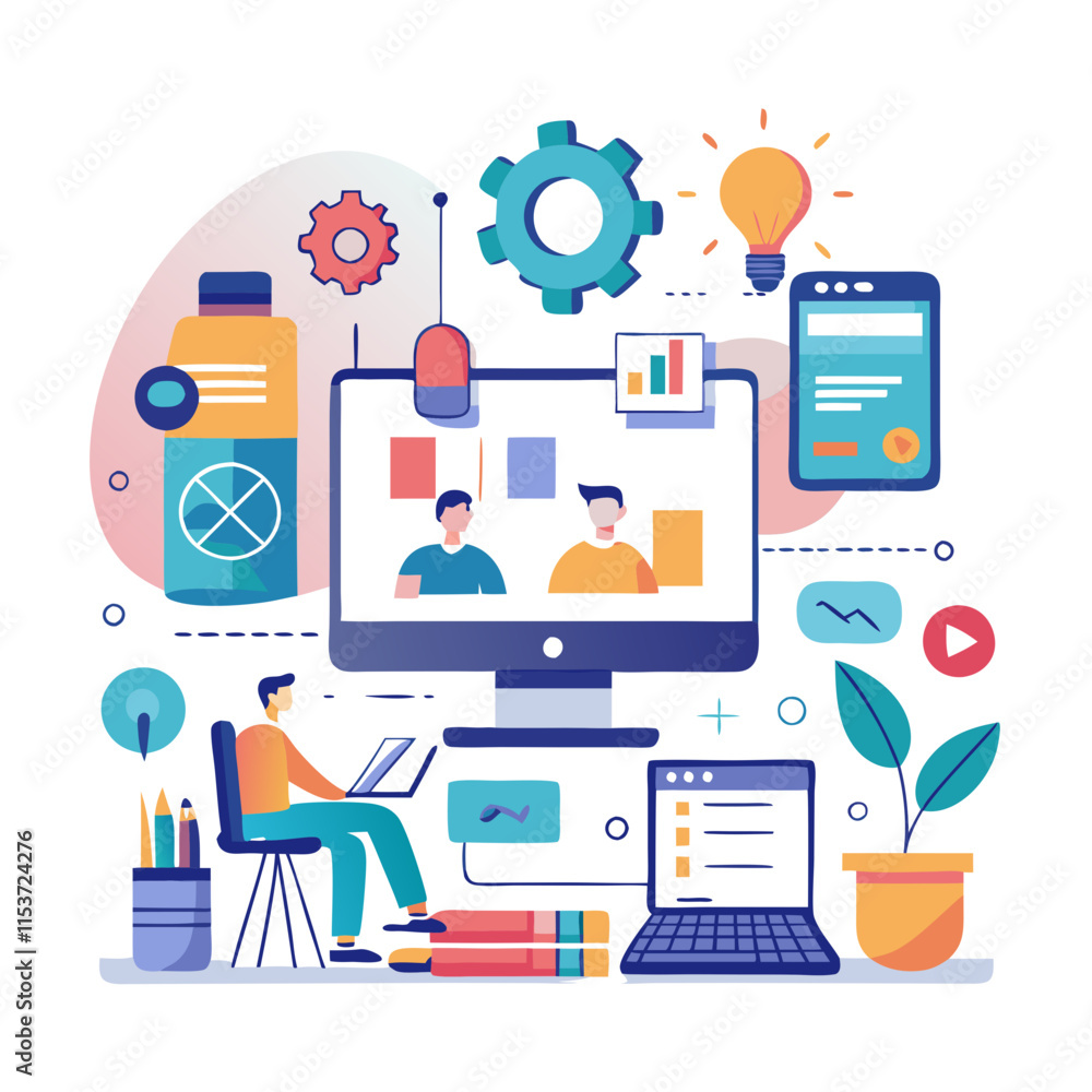 Poster collaborative workspace with technology tools and visual aids for effective teamwork and communicati