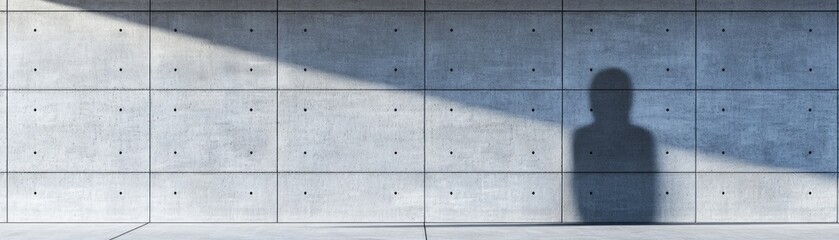 A minimalist concrete wall casting a shadow resembling a person.