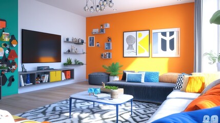 A vibrant family living room with bold accent walls, soft furniture, and creative storage spaces