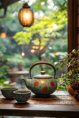 Tea set arranged on wooden table in a peaceful garden environment. Generative AI.