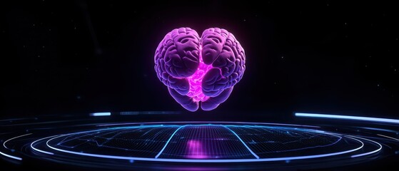 A futuristic visualization of a glowing brain in purple hues, suspended in a digital space, representing intelligence and technology.