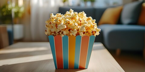 Enjoying freshly popped popcorn in a cozy living room setting. Generative AI.
