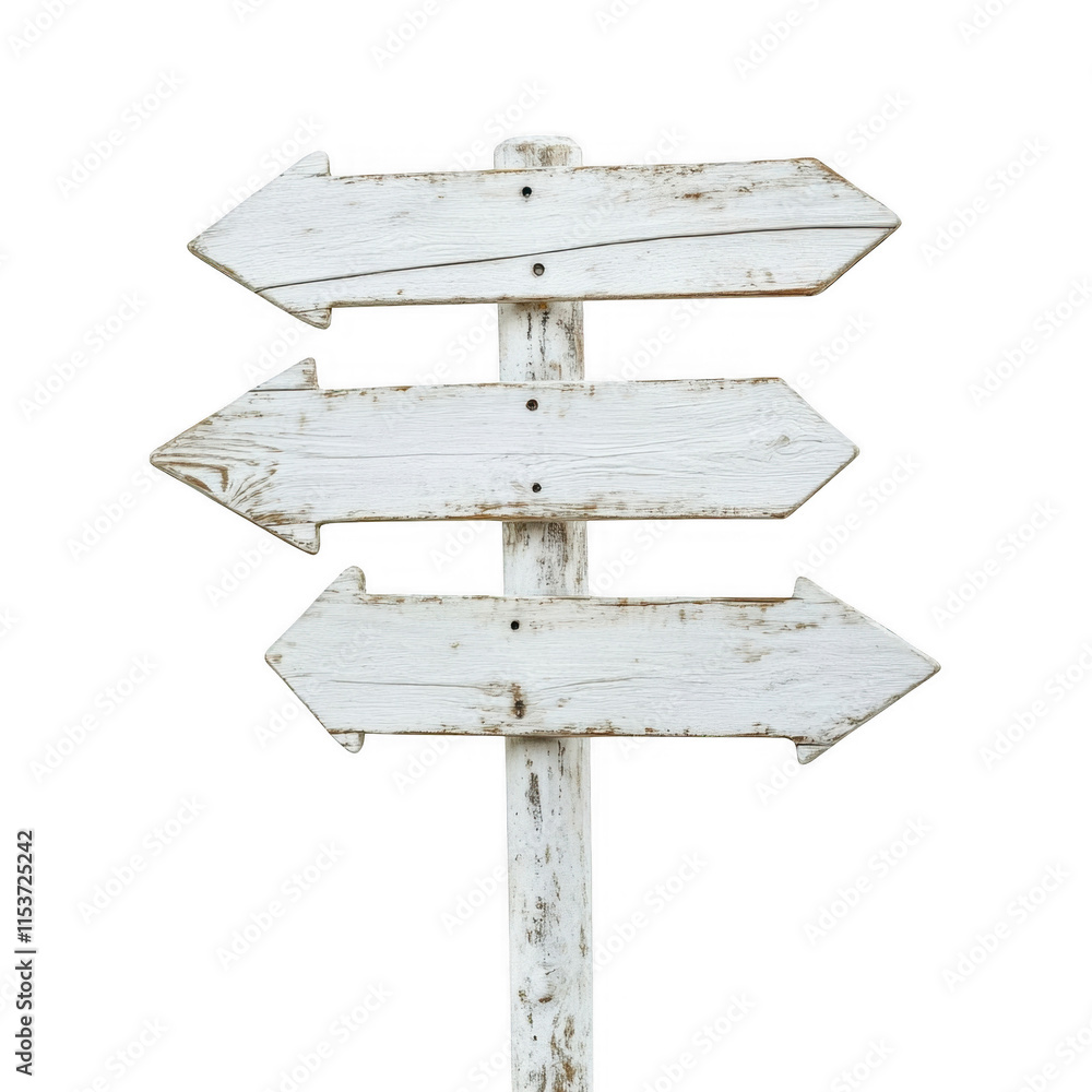Poster empty weathered white wooden signpost mockup with three arrows pointing in different directions, iso