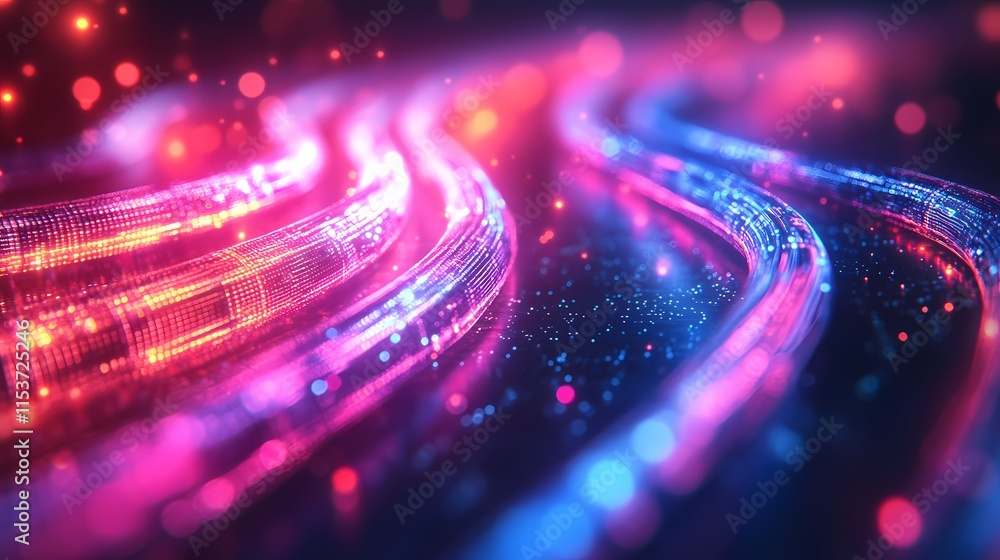 Poster Futuristic glowing cables weave through abstract data flow patterns. Generative AI.