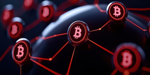 The image depicts a digital representation of Bitcoin nodes interconnected on a globe, showcasing the global reach of cryptocurrency.