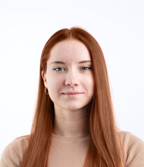 Mocha Mousse - color of the year 2025. Biometric Passport photo of attractive female, natural look healthy skin