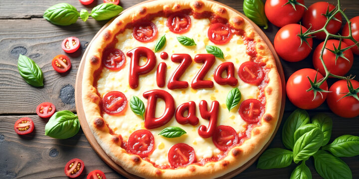 whole pizza and pizza slices with the inscription pizza day - Powered by Adobe