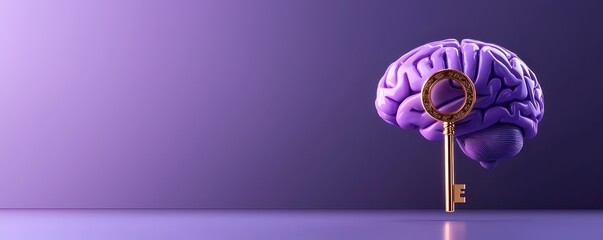 A purple brain with a golden key symbolizes unlocking potential and creativity in a visually striking manner.