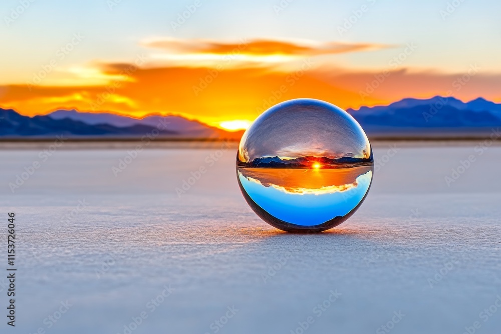 Poster a clean hdr close-up of a single glass sphere on a smooth surface, reflecting the colorful sunset in