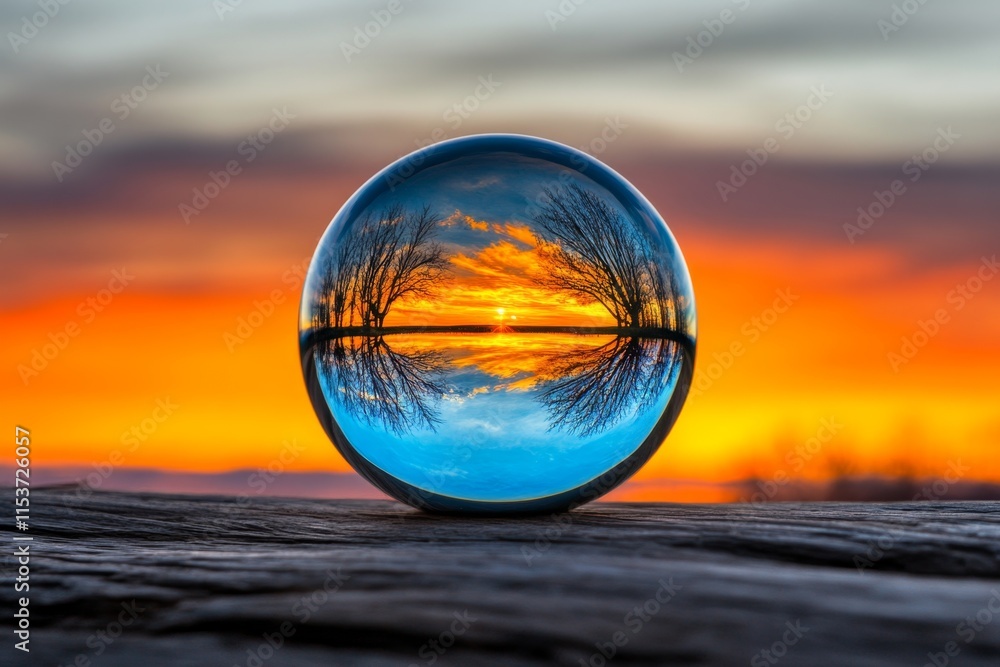 Poster a clean hdr close-up of a single glass sphere on a smooth surface, reflecting the colorful sunset in