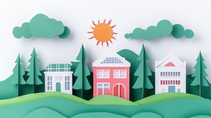 Fototapeta premium Climate activism change solution concept. Paper cut illustration of eco-friendly suburban houses with solar panels surrounded by trees and sunny sky