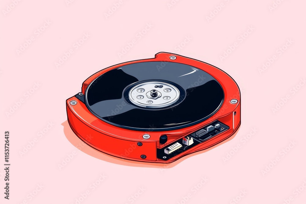 Poster a clean flat design of an hdd icon with simplified connectors and platter, drawn in a modern monochr