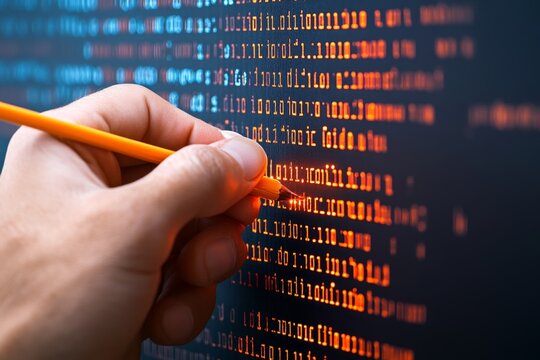 A close-up of a hand writing code on a whiteboard, solving a complex algorithm for a software project