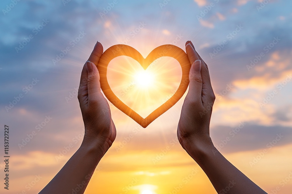 Aufkleber a close-up of two hands forming a heart shape against a glowing sunset, with rays of light streaming
