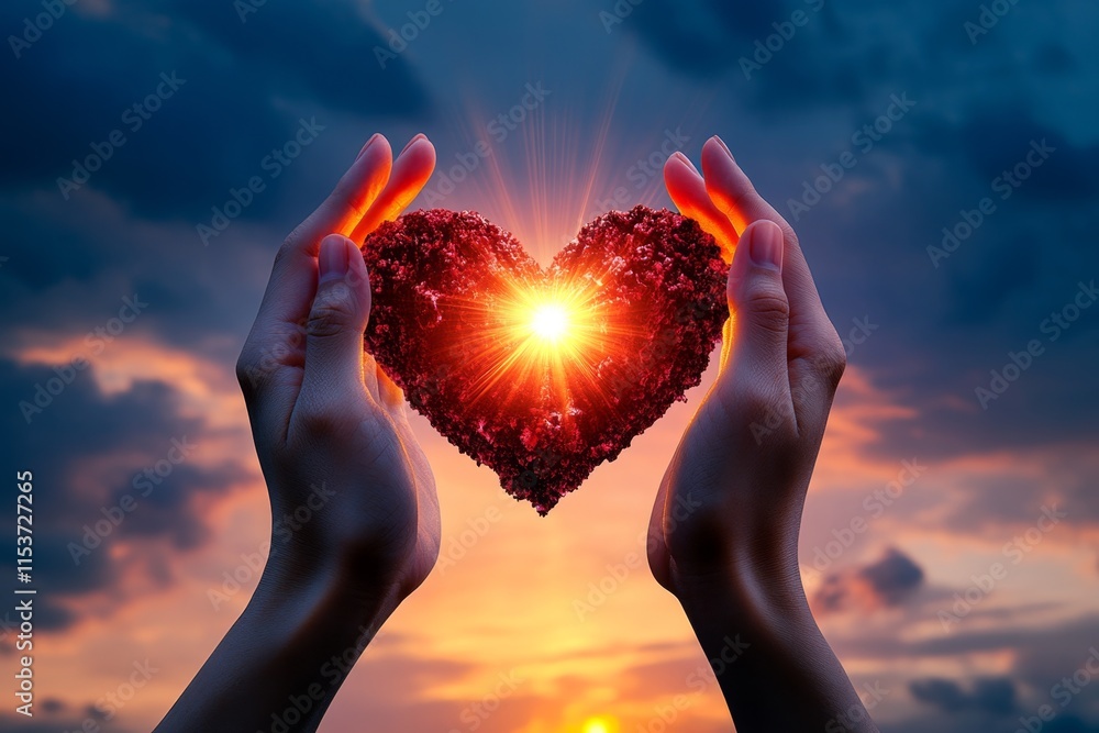 Poster a close-up of two hands forming a heart shape against a glowing sunset, with rays of light streaming