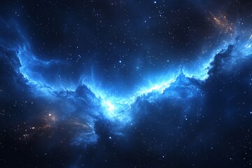 Glowing blue nebula in dark space with stars.