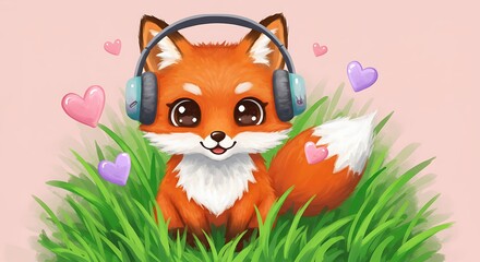 Obraz premium Fox in Grass with Headphones and Hearts background for children's book illustration 