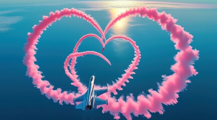 Naklejka premium Clear Blue Sky with a Fighter Jet Creating a Pink Heart .