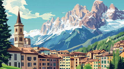 Naklejka premium Illustration, Cortina d’Ampezzo, a beautiful village in the Italian dolomites, Italy. Touristic advertisement poster. Promotional touristic poster. Must-see tourist travel destination.