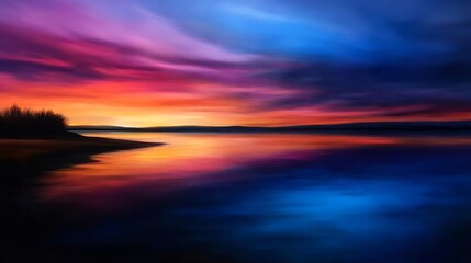 Fototapeta premium Vibrant Sunset over Serene Lake: A Colorful Landscape