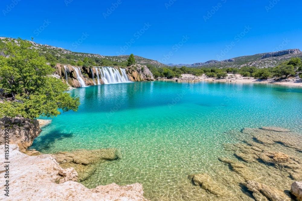 Poster A crystal-clear HDR image of a waterfall cascading into a turquoise pool, with mist rising and light filtering through the trees
